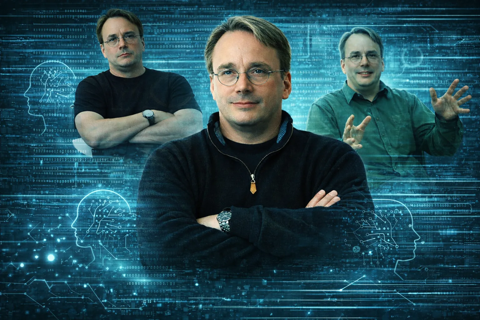 Cyberpunk-style collage visual representing AI-augmented software development