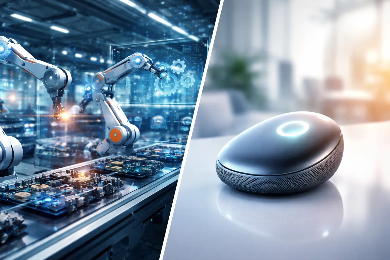 Split-scene illustration showing manufacturing physical AI and consumer AI devices converging