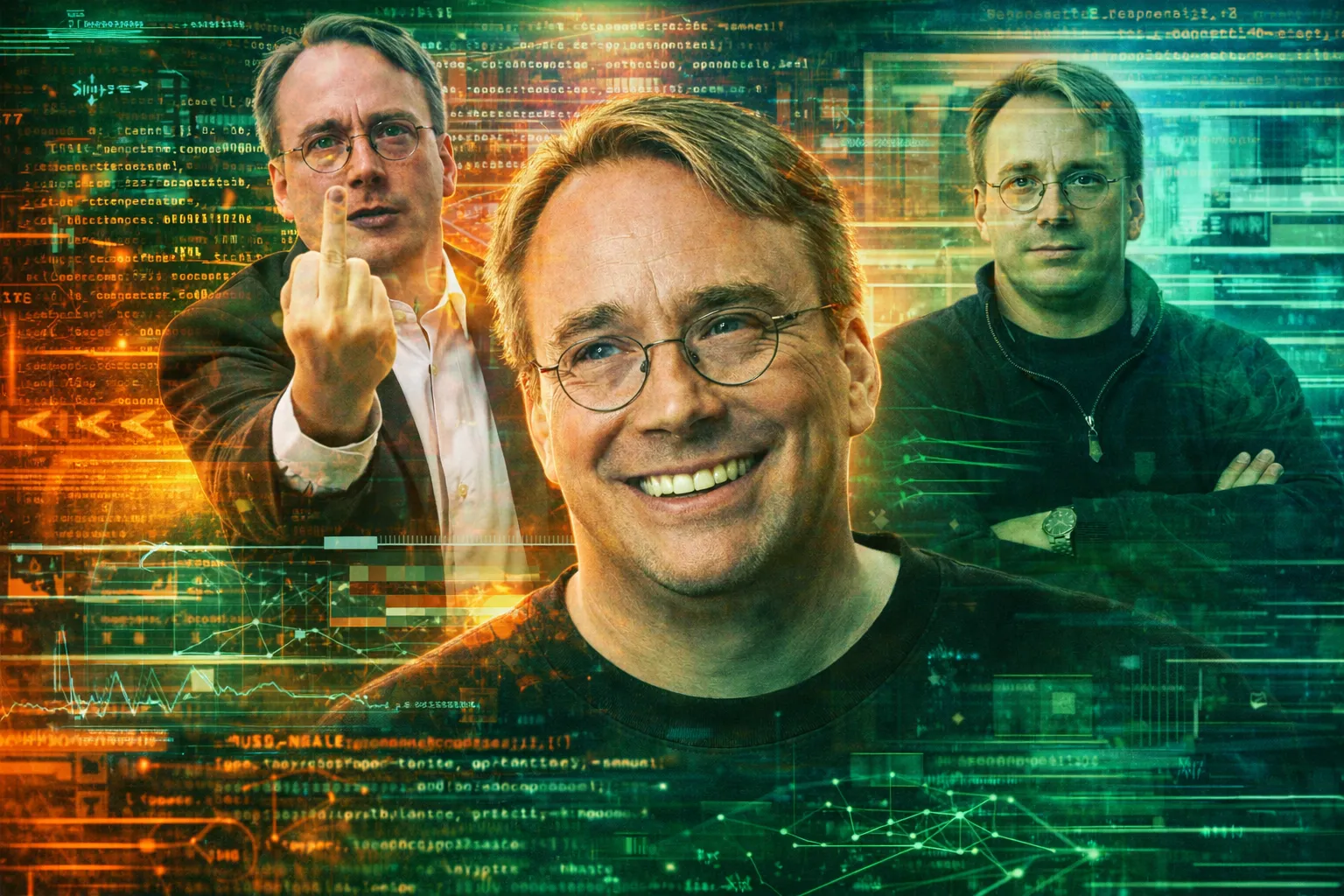 Linus Torvalds and AI-assisted development, collage-style feature visual