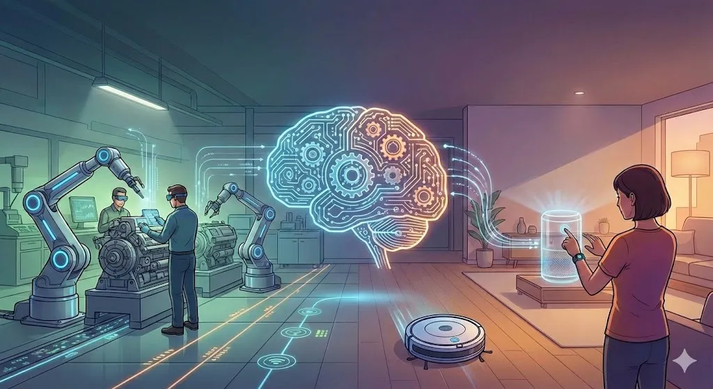 Split-scene illustration showing manufacturing physical AI and consumer AI devices converging