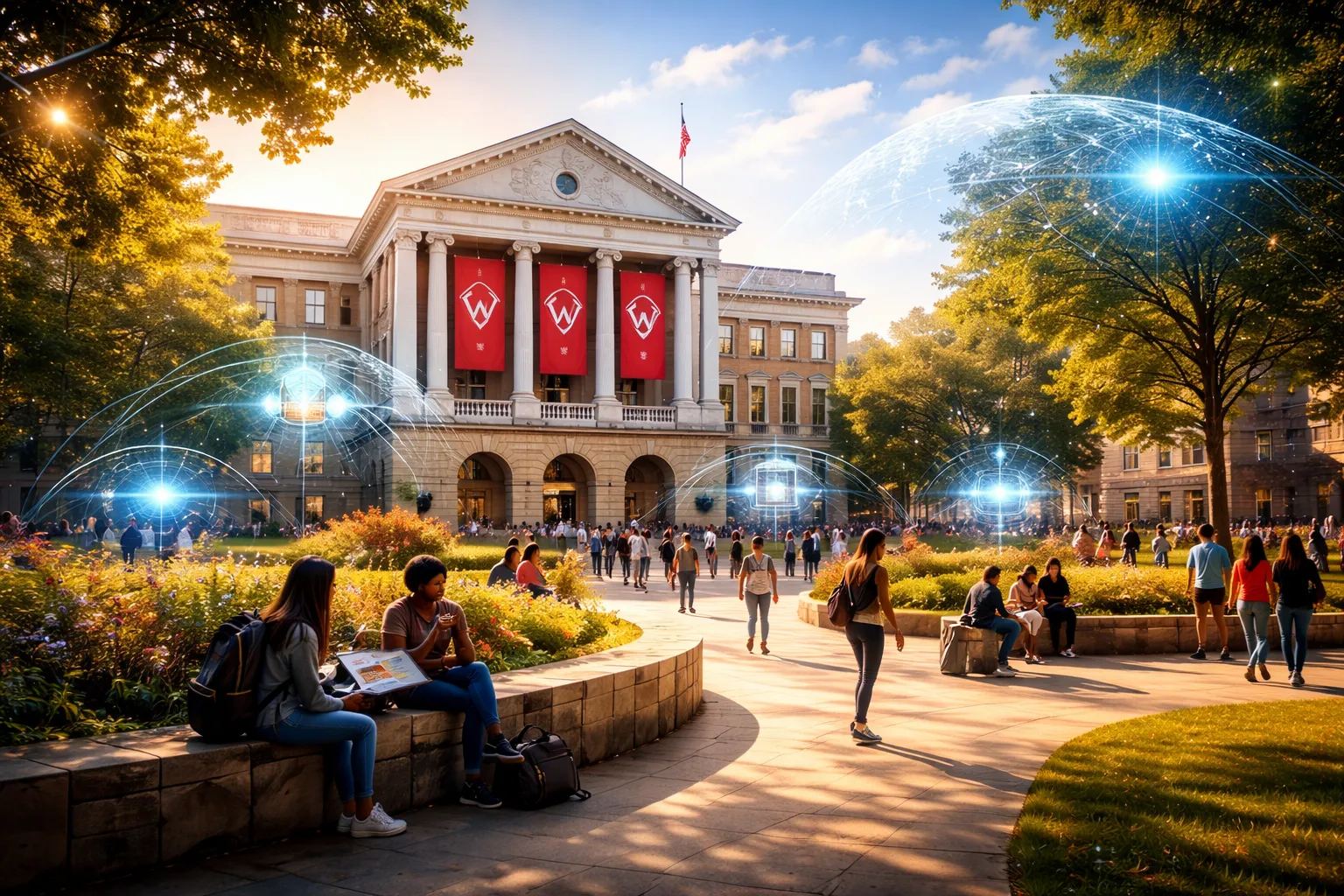 A modern university campus scene with subtle AI interface elements representing AI literacy in higher education